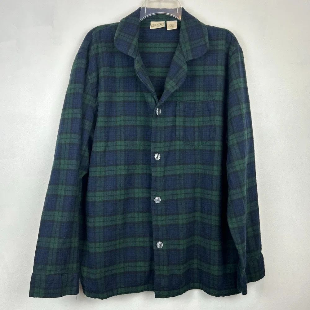 LL Bean Pajama Top Mens Large Green Scotch Plaid Flannel Button Cozy Lounge